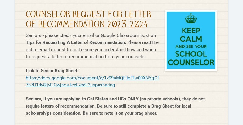 COUNSELOR REQUEST FOR LETTER OF RECOMMENDATION 2023-2024
Seniors - please check your email or...