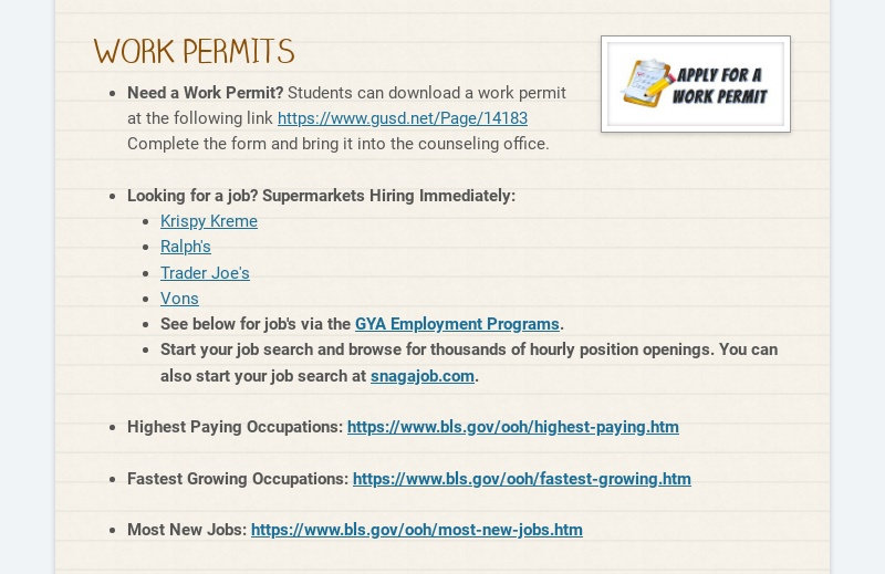WORK PERMITS
Need a Work Permit? Students can download a work permit at the following link...