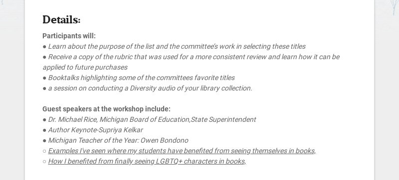 Details:
Participants will:
● Learn about the purpose of the list and the committee’s work in...