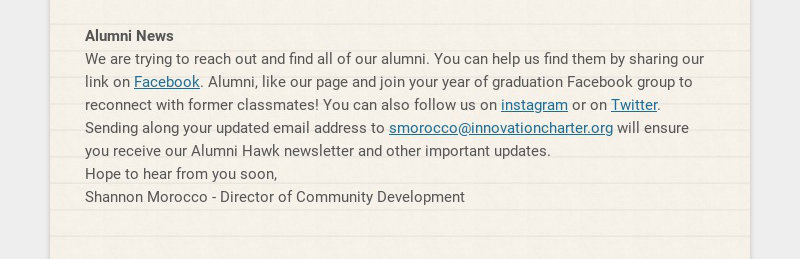 Alumni News We are trying to reach out and find all of our alumni. You can help us find them by...