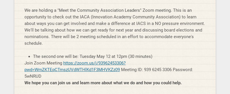 We are holding a "Meet the Community Association Leaders" Zoom meeting. This is an opportunity to...